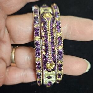 Vintage 3 Purple, Pink and Yellow Rhinestones on Gold-tone Metal Bracelet Bands